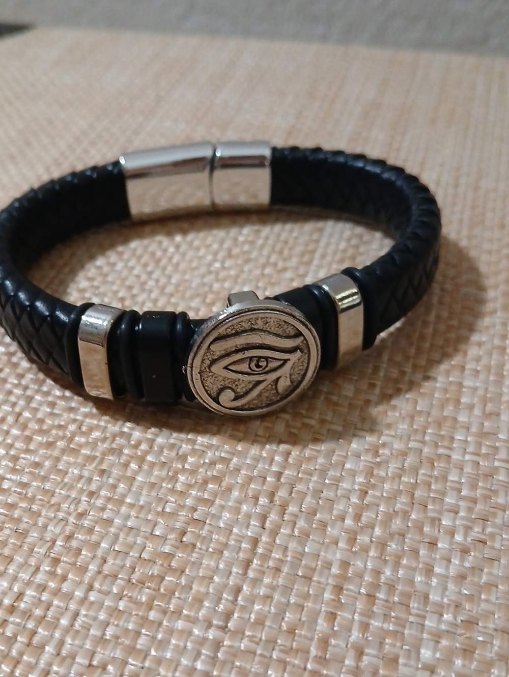 NWOT Men's Black Braided Leather Bracelet with Eye of Horus Medallion
